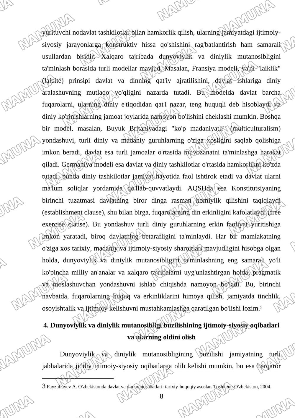 Dunyoviylik va diniylik mutanosibligi — mustaqil ish, 8-varaq