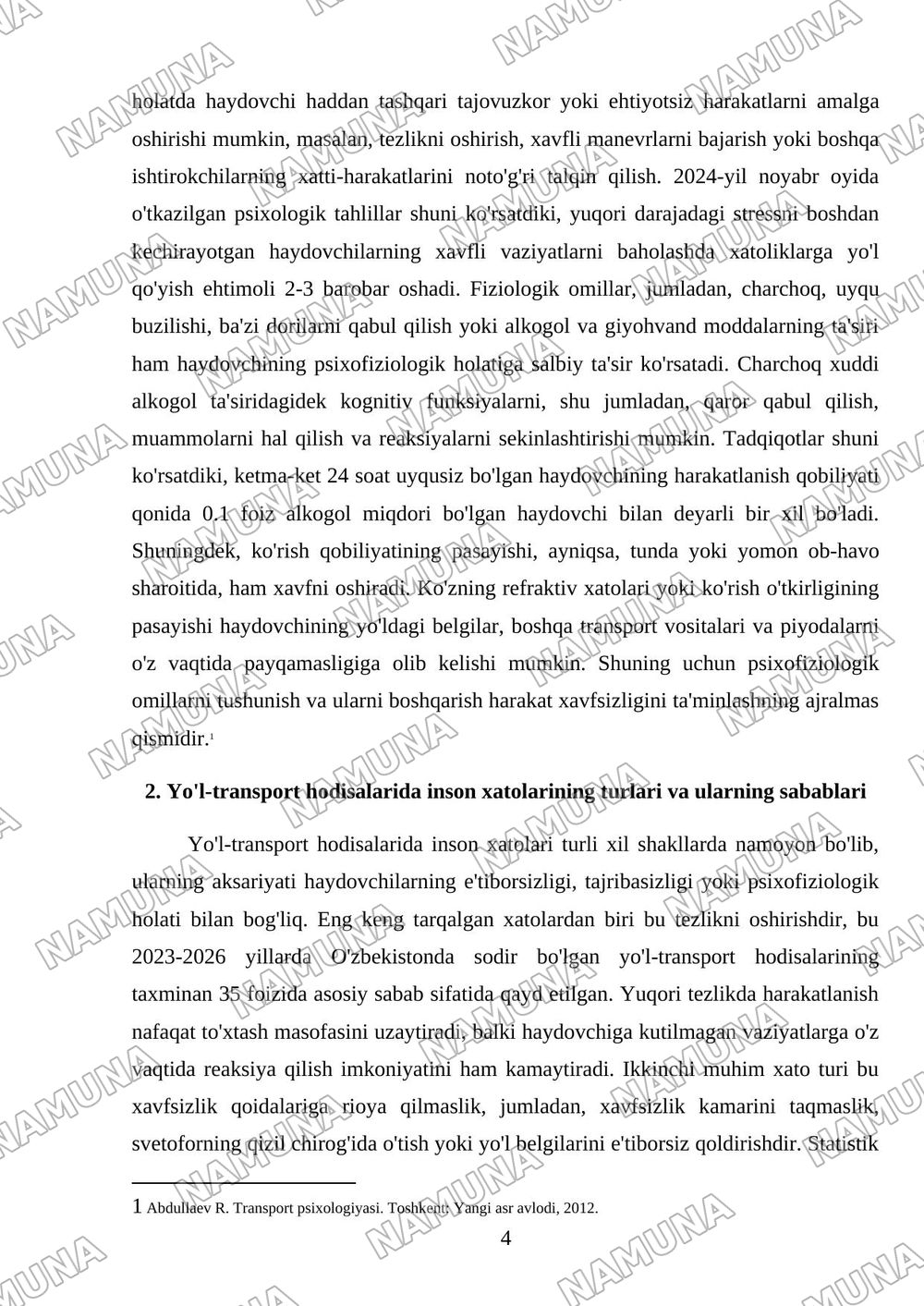 Harakat xavfsizligi tizimida inson omilining 6 — mustaqil ish, 4-varaq
