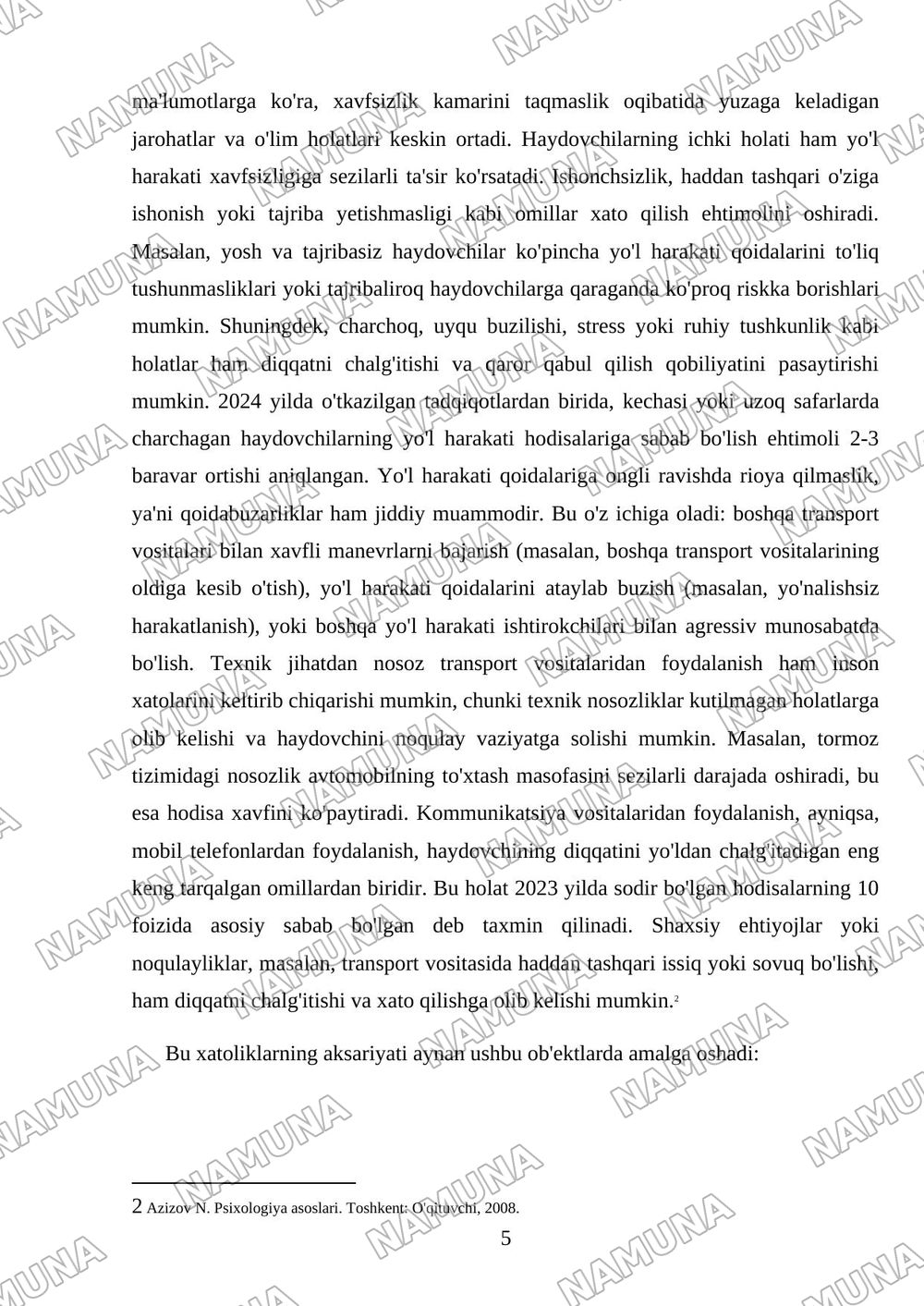 Harakat xavfsizligi tizimida inson omilining 6 — mustaqil ish, 5-varaq
