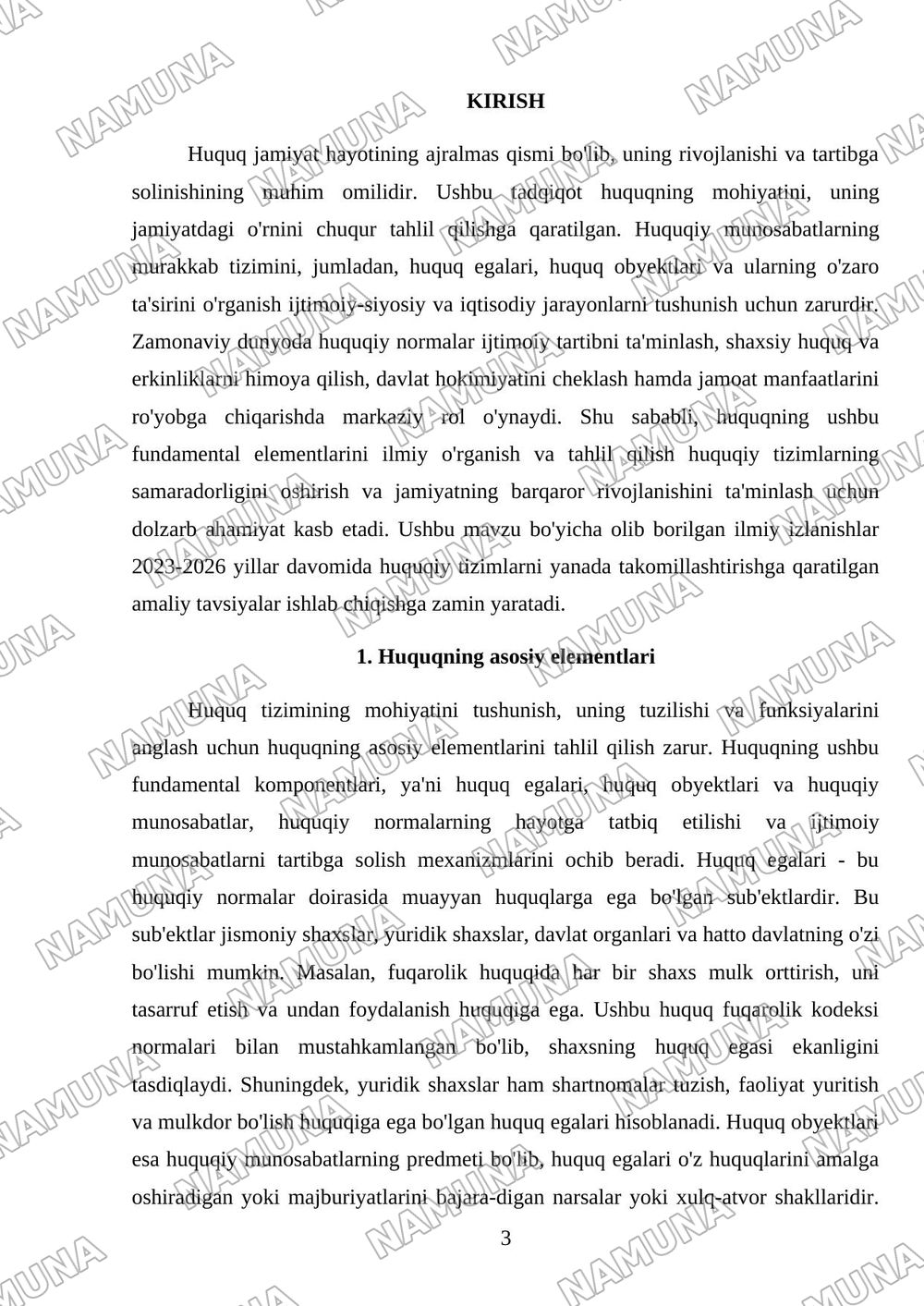 Huquqning hususiyatlari va asosiy elementlari: huquq egalari, huquq obyektlari va huquqiy munosabatlar — referat, 3-varaq