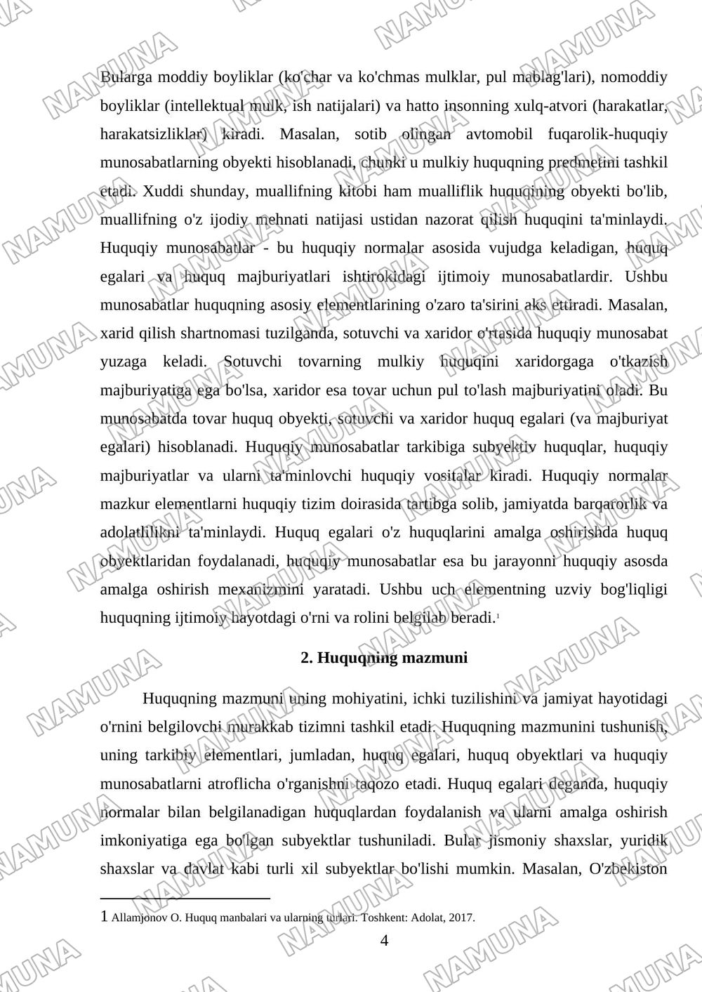Huquqning hususiyatlari va asosiy elementlari: huquq egalari, huquq obyektlari va huquqiy munosabatlar — referat, 4-varaq