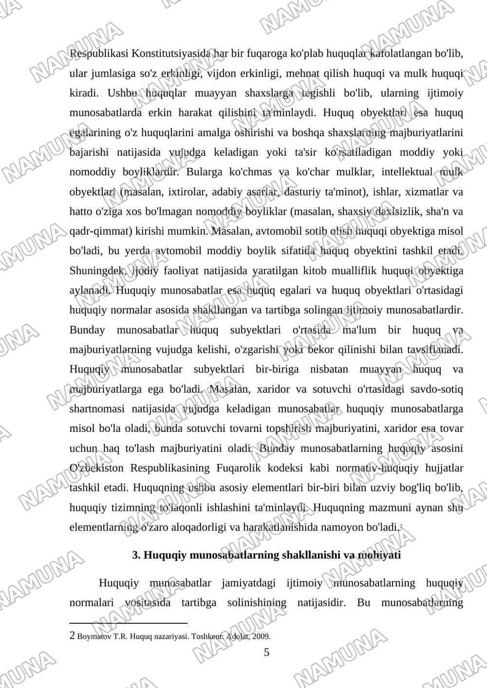 Huquqning hususiyatlari va asosiy elementlari: huquq egalari, huquq obyektlari va huquqiy munosabatlar — referat, 5-varaq