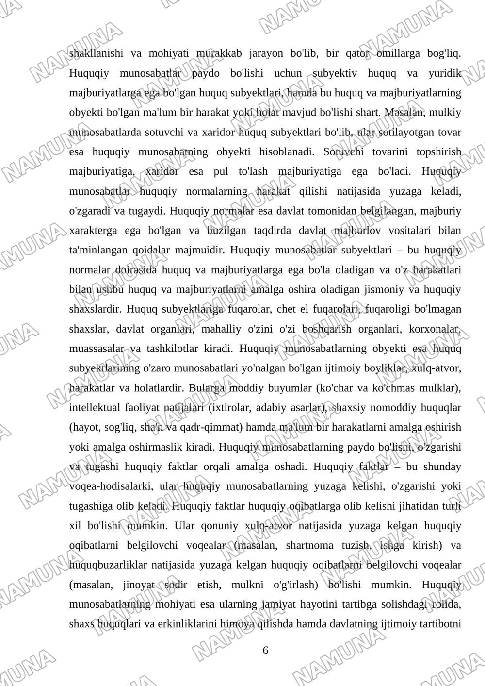 Huquqning hususiyatlari va asosiy elementlari: huquq egalari, huquq obyektlari va huquqiy munosabatlar — referat, 6-varaq