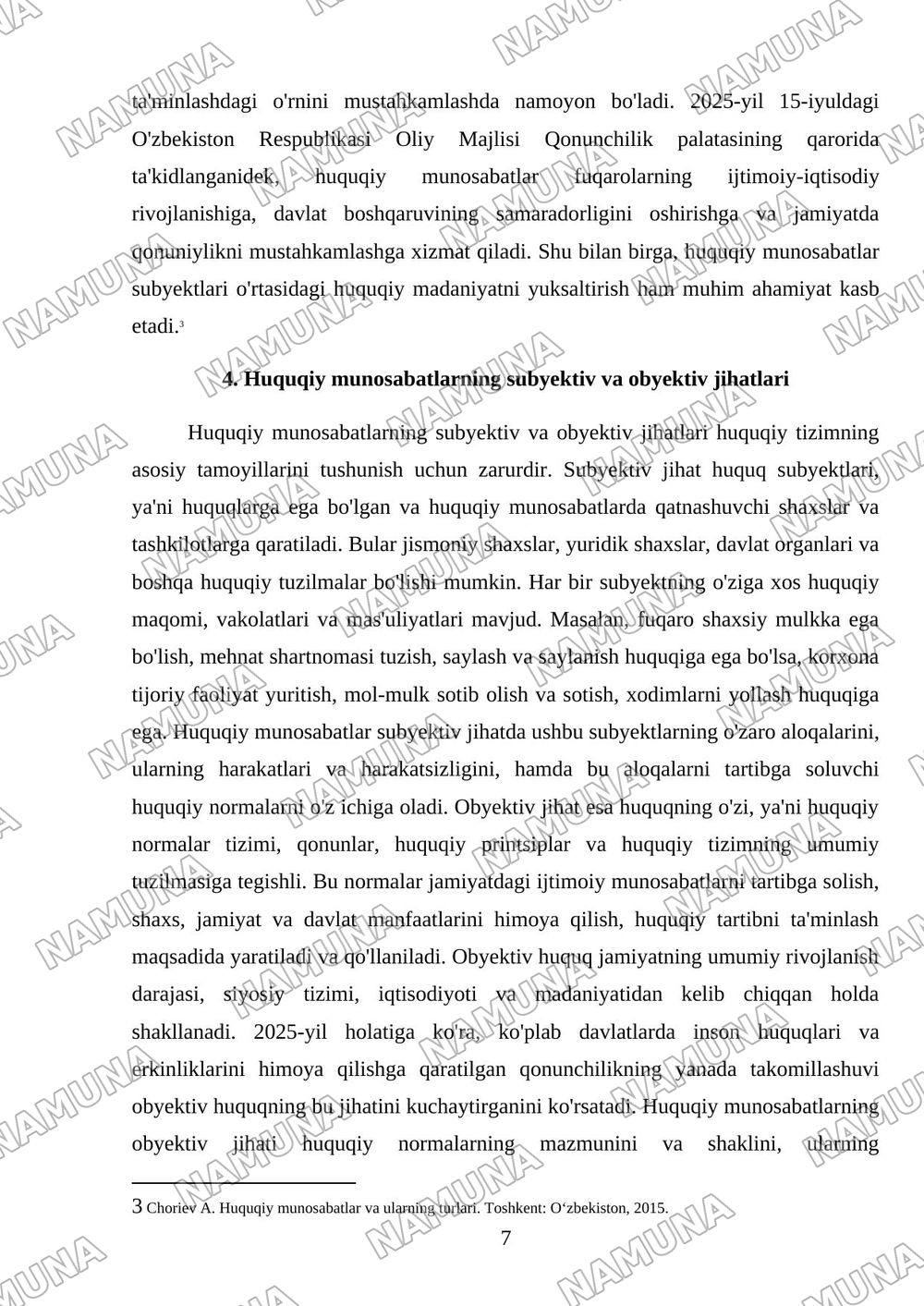 Huquqning hususiyatlari va asosiy elementlari: huquq egalari, huquq obyektlari va huquqiy munosabatlar — referat, 7-varaq