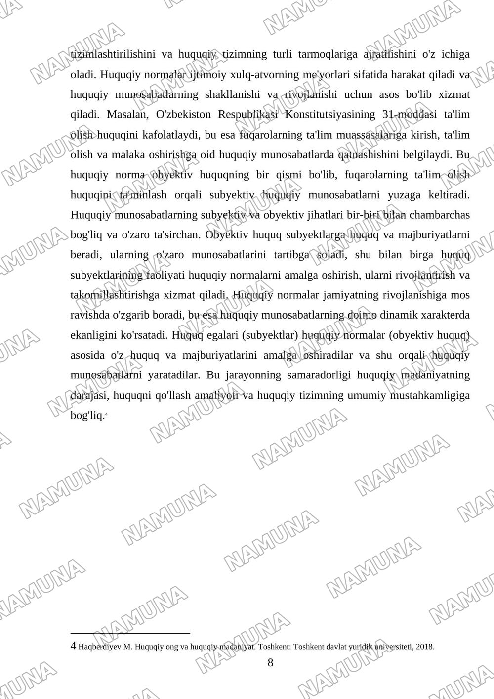 Huquqning hususiyatlari va asosiy elementlari: huquq egalari, huquq obyektlari va huquqiy munosabatlar — referat, 8-varaq