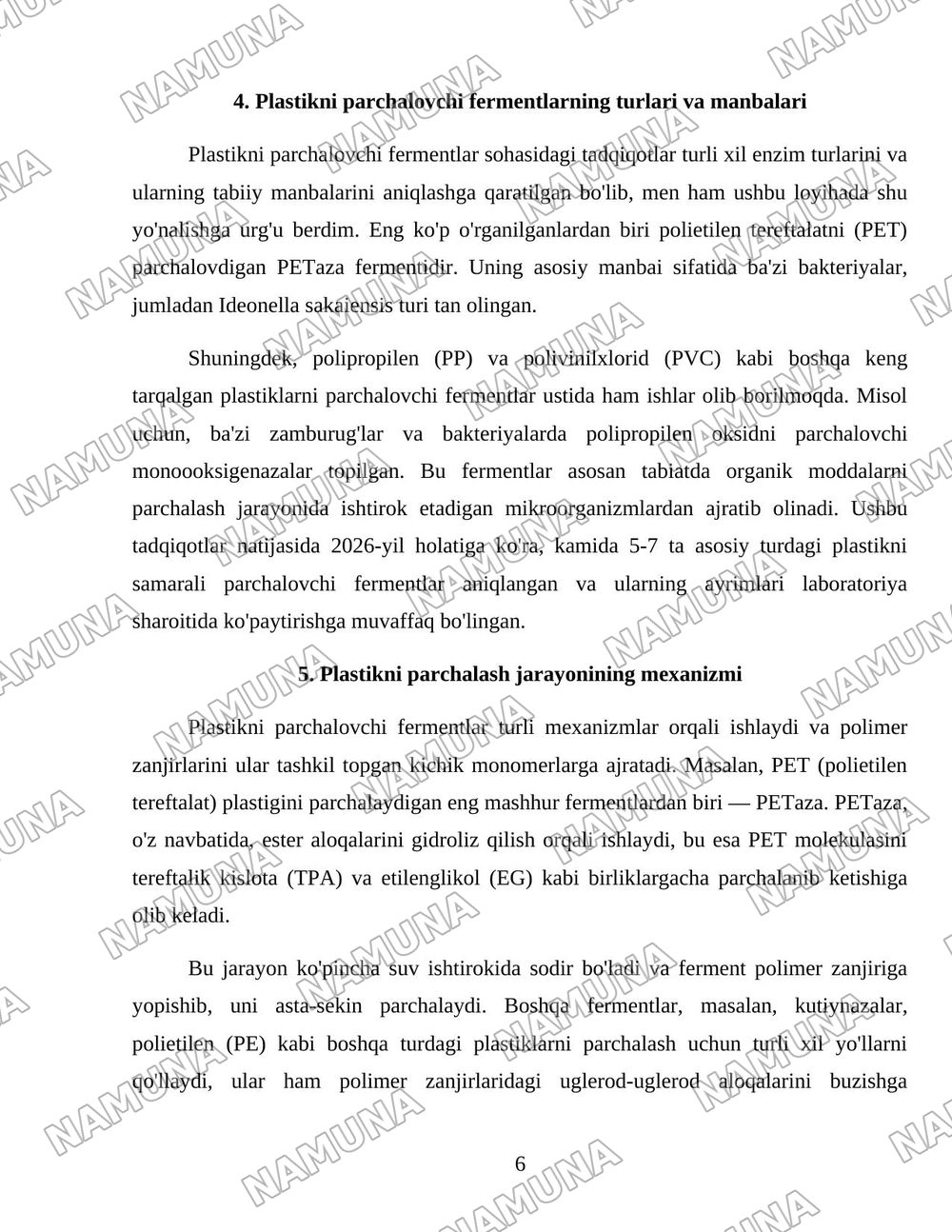 “Plastikni parchalovchi fermentlar: tabiatning plastik muammosiga javobi” — loyiha ishi, 6-varaq