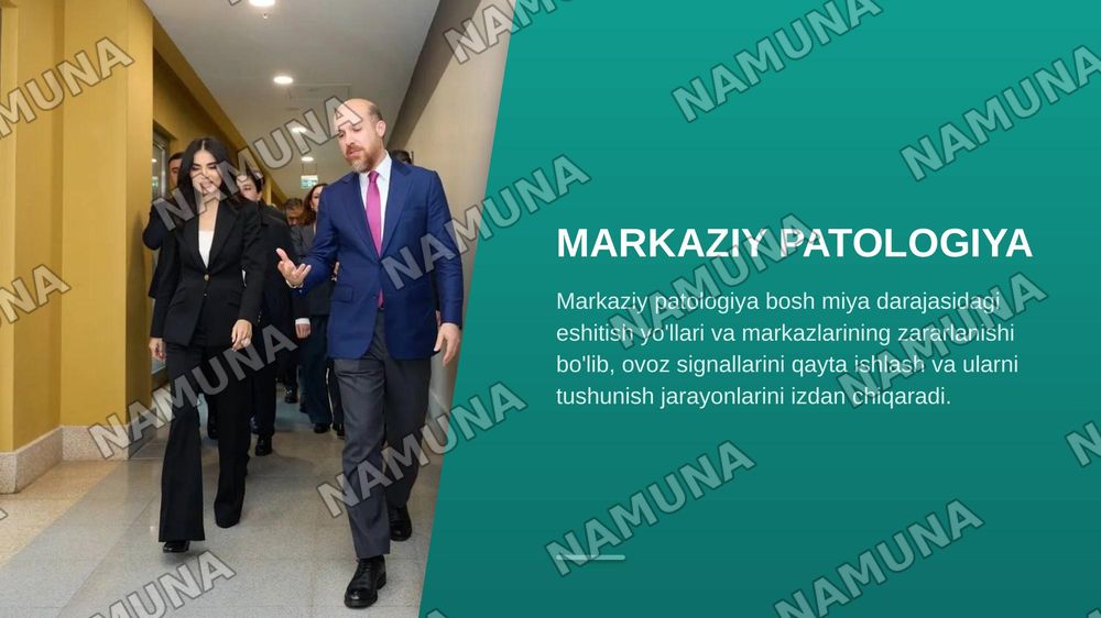 Eshitish a'zolari markaziy patalogiyasining asosiy korinishlari: patalogiyaning etiopatagenezi va klinik shakllari — zamonaviy taqdimot, 6-slayd