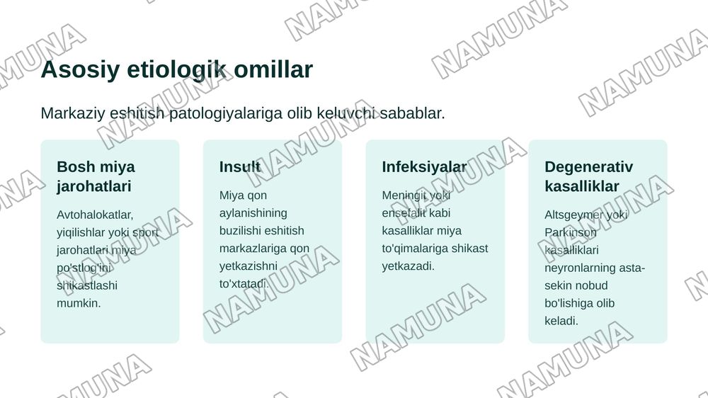 Eshitish a'zolari markaziy patalogiyasining asosiy korinishlari: patalogiyaning etiopatagenezi va klinik shakllari — zamonaviy taqdimot, 8-slayd