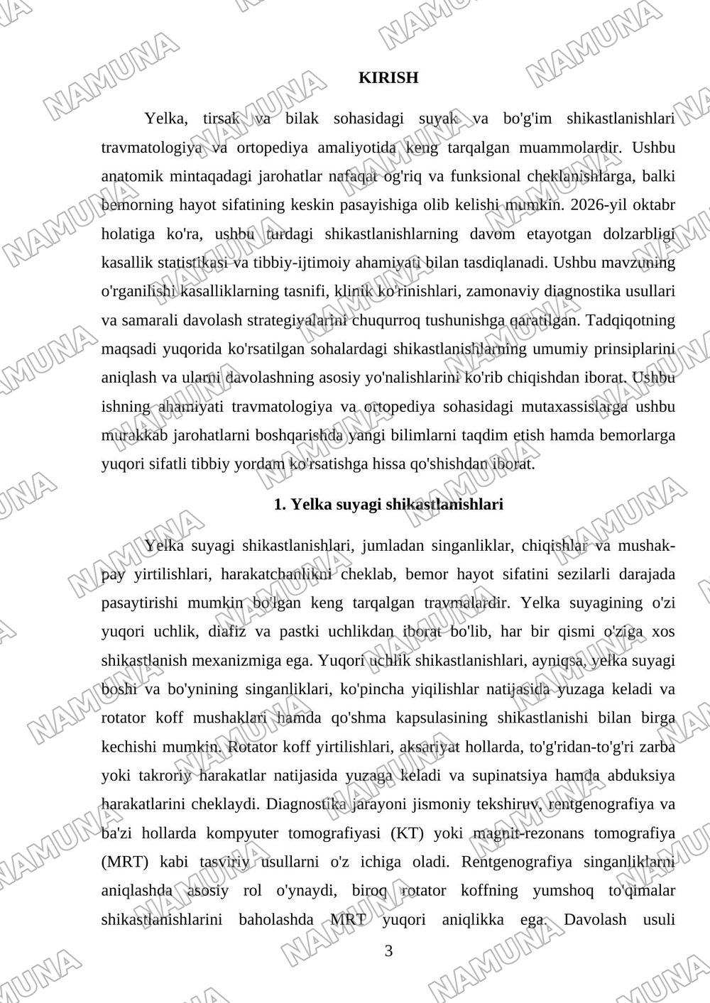 Yelka suyagi . Tirsak boʻgʻimi sohasida . Bilak suyaklari .Kaft va barmoq falangalarini jarahotlari . Tasnifi klinikasi .Tashxisot . Davolash. — referat, 3-varaq