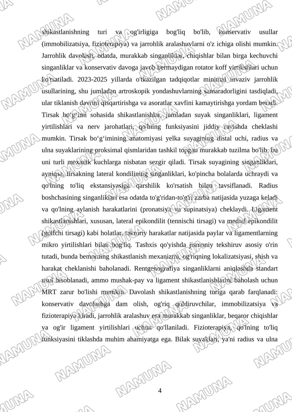 Yelka suyagi . Tirsak boʻgʻimi sohasida . Bilak suyaklari .Kaft va barmoq falangalarini jarahotlari . Tasnifi klinikasi .Tashxisot . Davolash. — referat, 4-varaq
