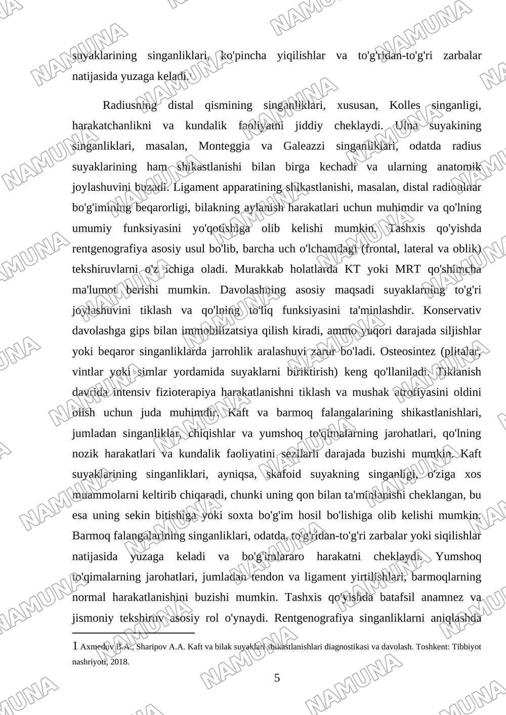 Yelka suyagi . Tirsak boʻgʻimi sohasida . Bilak suyaklari .Kaft va barmoq falangalarini jarahotlari . Tasnifi klinikasi .Tashxisot . Davolash. — referat, 5-varaq