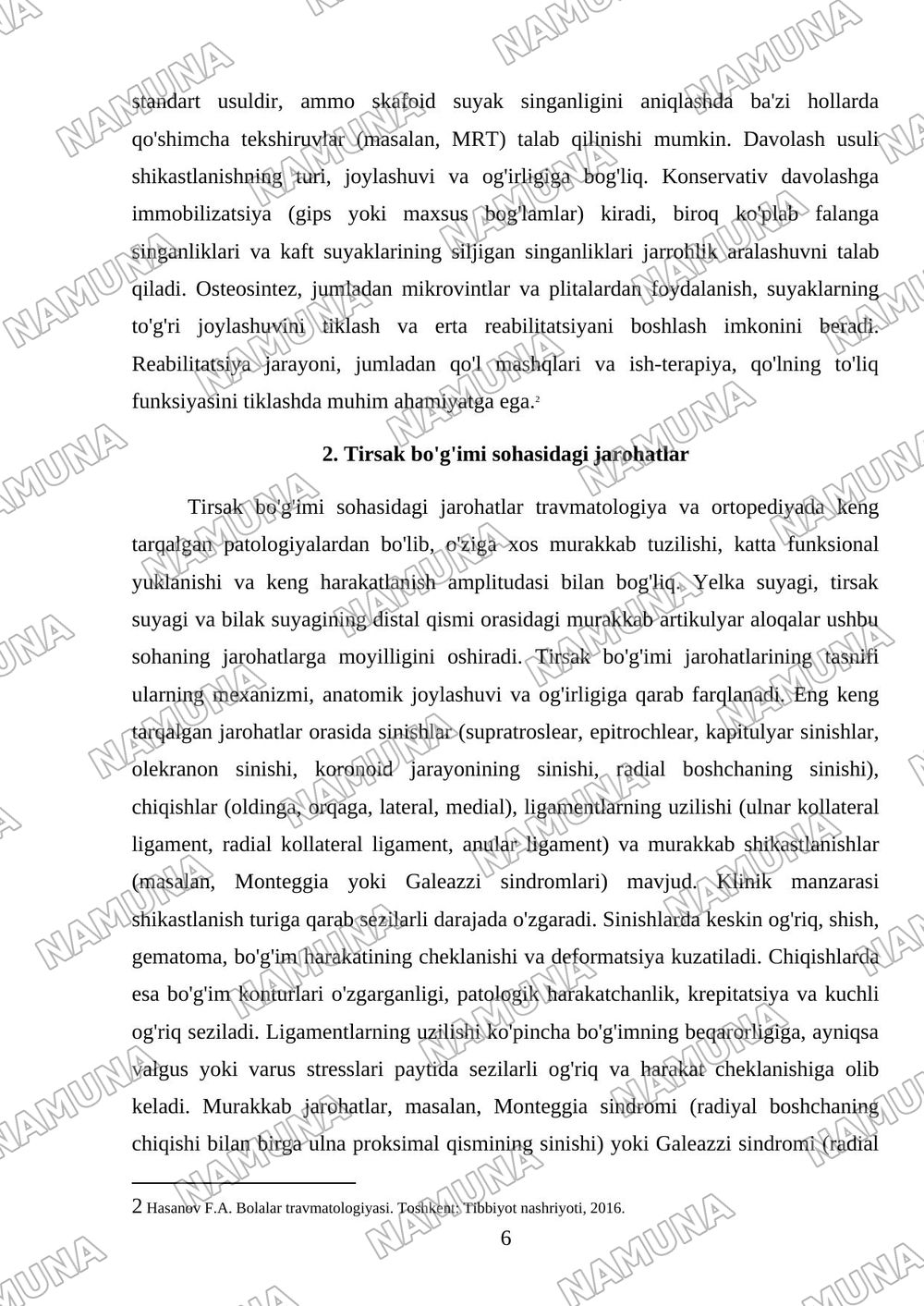 Yelka suyagi . Tirsak boʻgʻimi sohasida . Bilak suyaklari .Kaft va barmoq falangalarini jarahotlari . Tasnifi klinikasi .Tashxisot . Davolash. — referat, 6-varaq