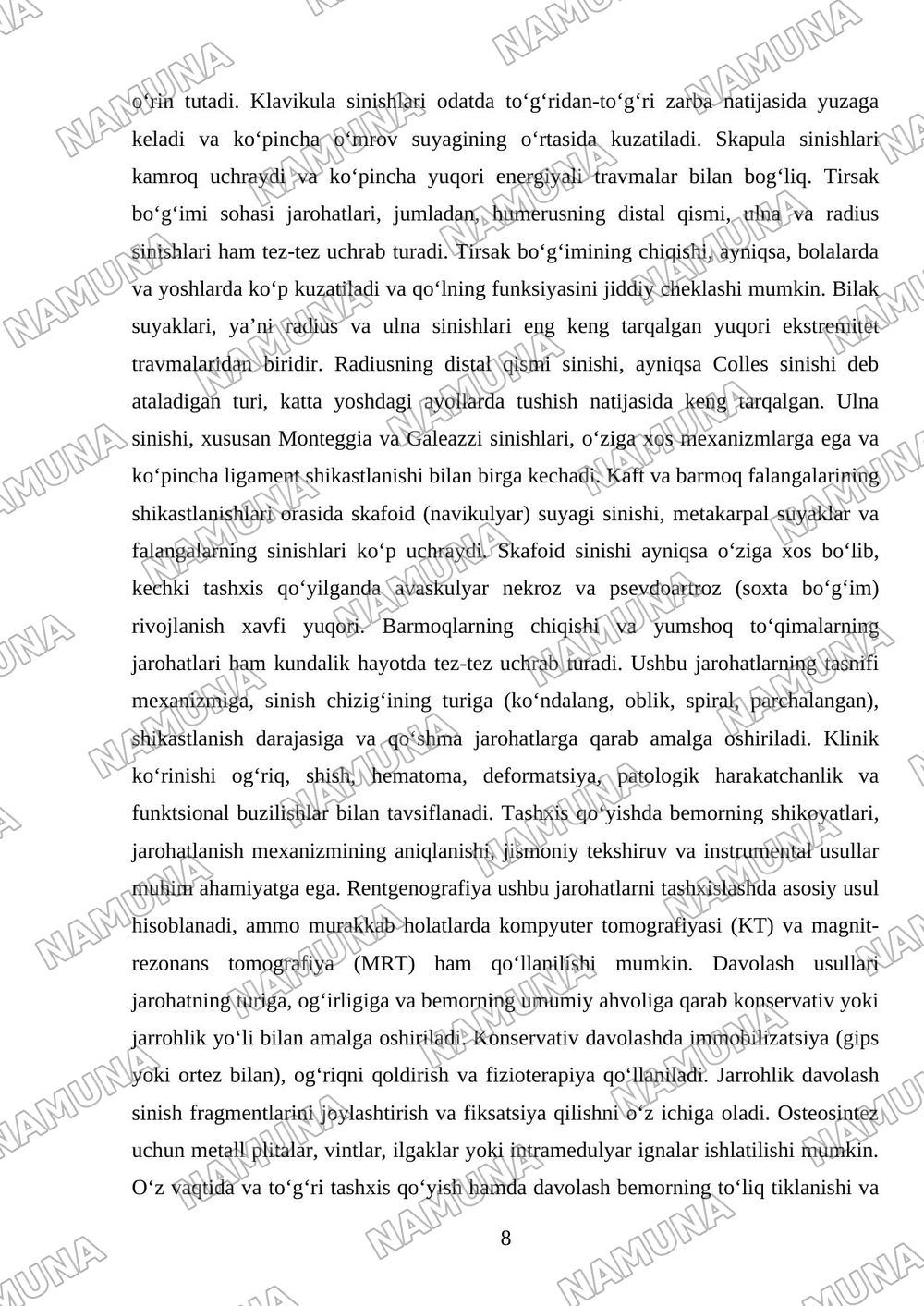 Yelka suyagi . Tirsak boʻgʻimi sohasida . Bilak suyaklari .Kaft va barmoq falangalarini jarahotlari . Tasnifi klinikasi .Tashxisot . Davolash. — referat, 8-varaq