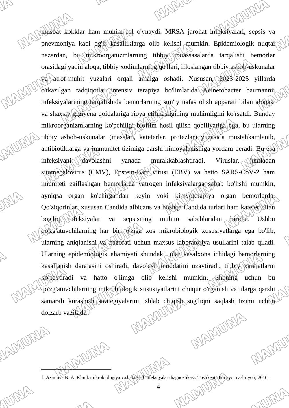 Kasalxona ichida tarqaluvchi (yatrogen) yuqumli kasalliklar qoʻzgʻatuvchilari va ularni laboratoriya tashxisi. — mustaqil ish, 4-varaq