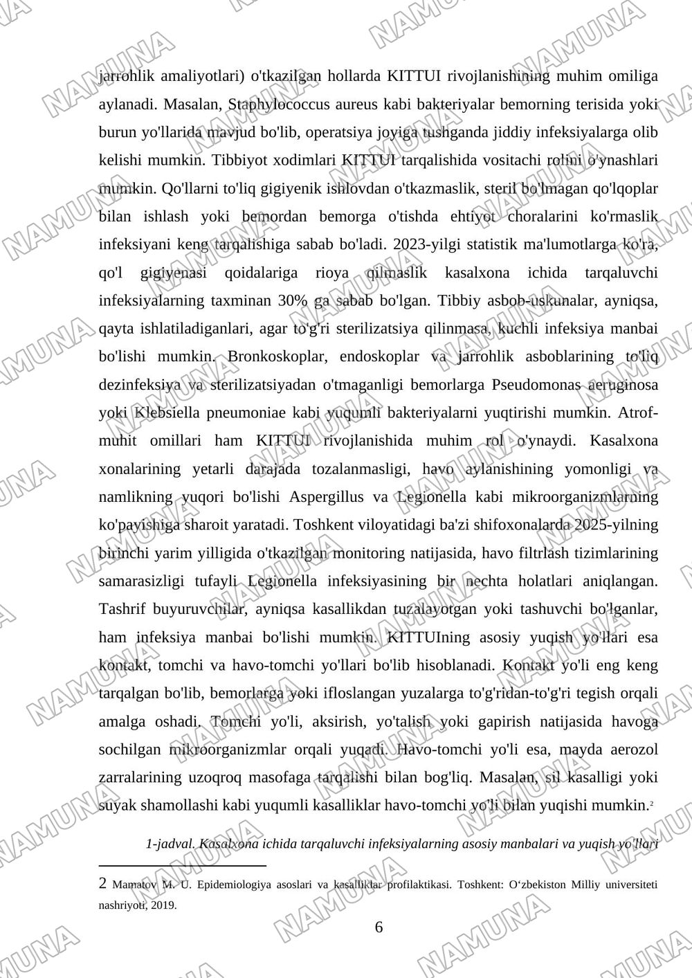 Kasalxona ichida tarqaluvchi (yatrogen) yuqumli kasalliklar qoʻzgʻatuvchilari va ularni laboratoriya tashxisi. — mustaqil ish, 6-varaq