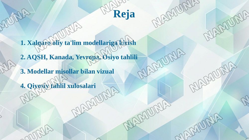 Oliy taʼlimning xalqaro modellari: AQSH, Kanada, Yevropa va Osiyo modellari qiyosiy tahlili — taqdimot, 2-slayd