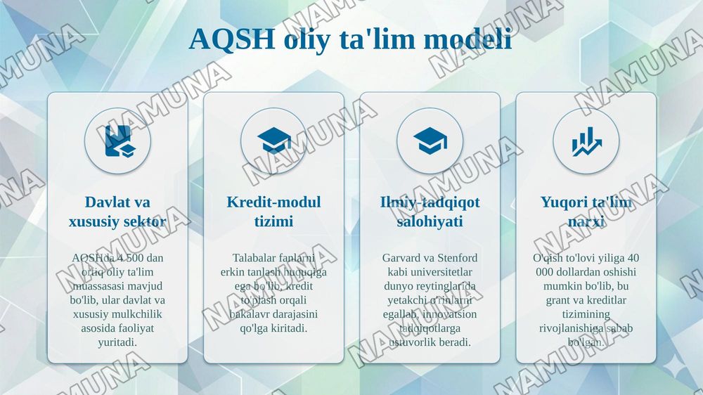 Oliy taʼlimning xalqaro modellari: AQSH, Kanada, Yevropa va Osiyo modellari qiyosiy tahlili — taqdimot, 4-slayd