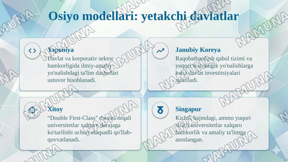 Oliy taʼlimning xalqaro modellari: AQSH, Kanada, Yevropa va Osiyo modellari qiyosiy tahlili — taqdimot, 6-slayd