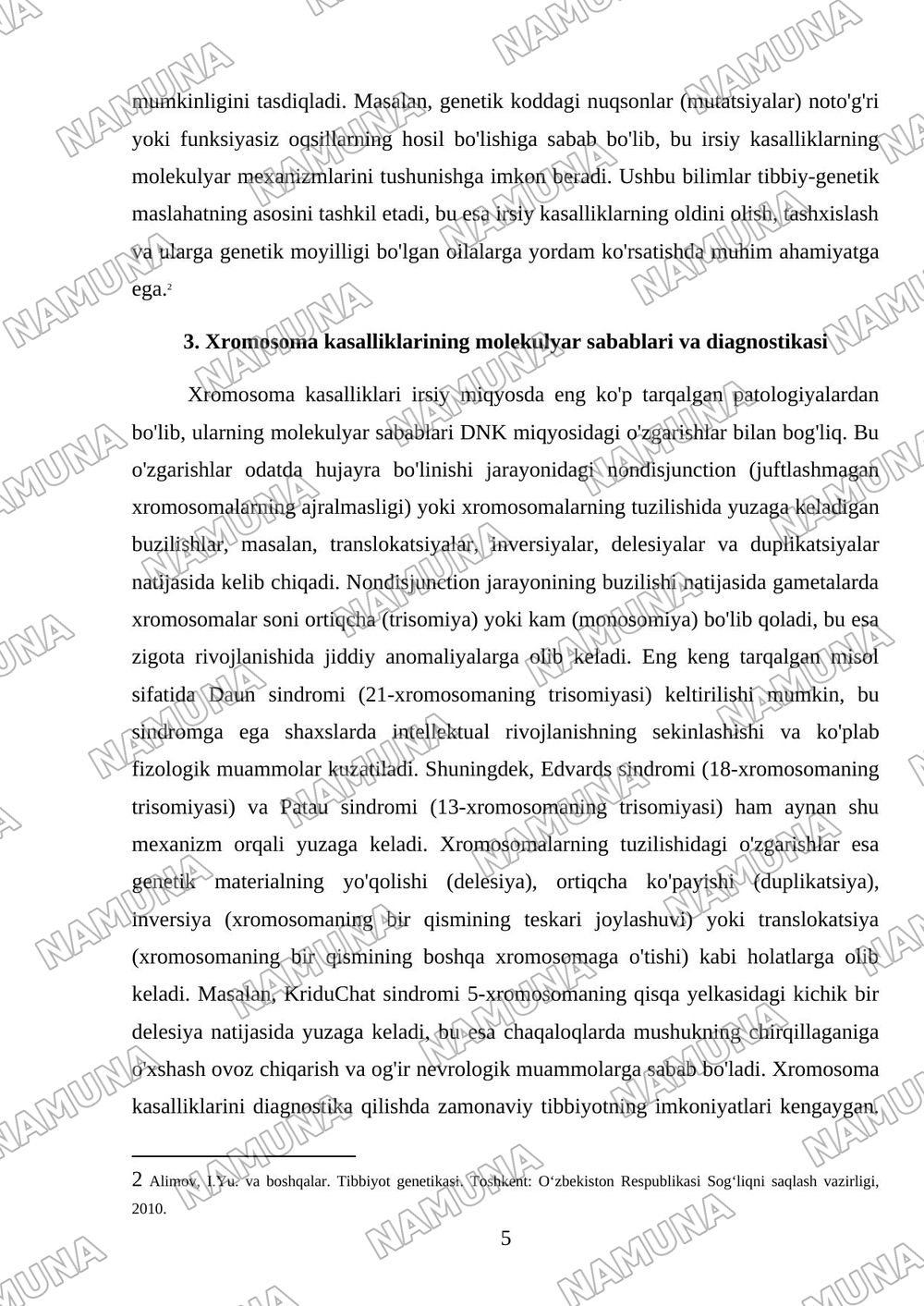 Irsiyatning molekulyar asoslari. Irsiy kasalliklar: xromosoma va gen kasalliklari. tibbiy- genetik maslaxat. — mustaqil ish, 5-varaq