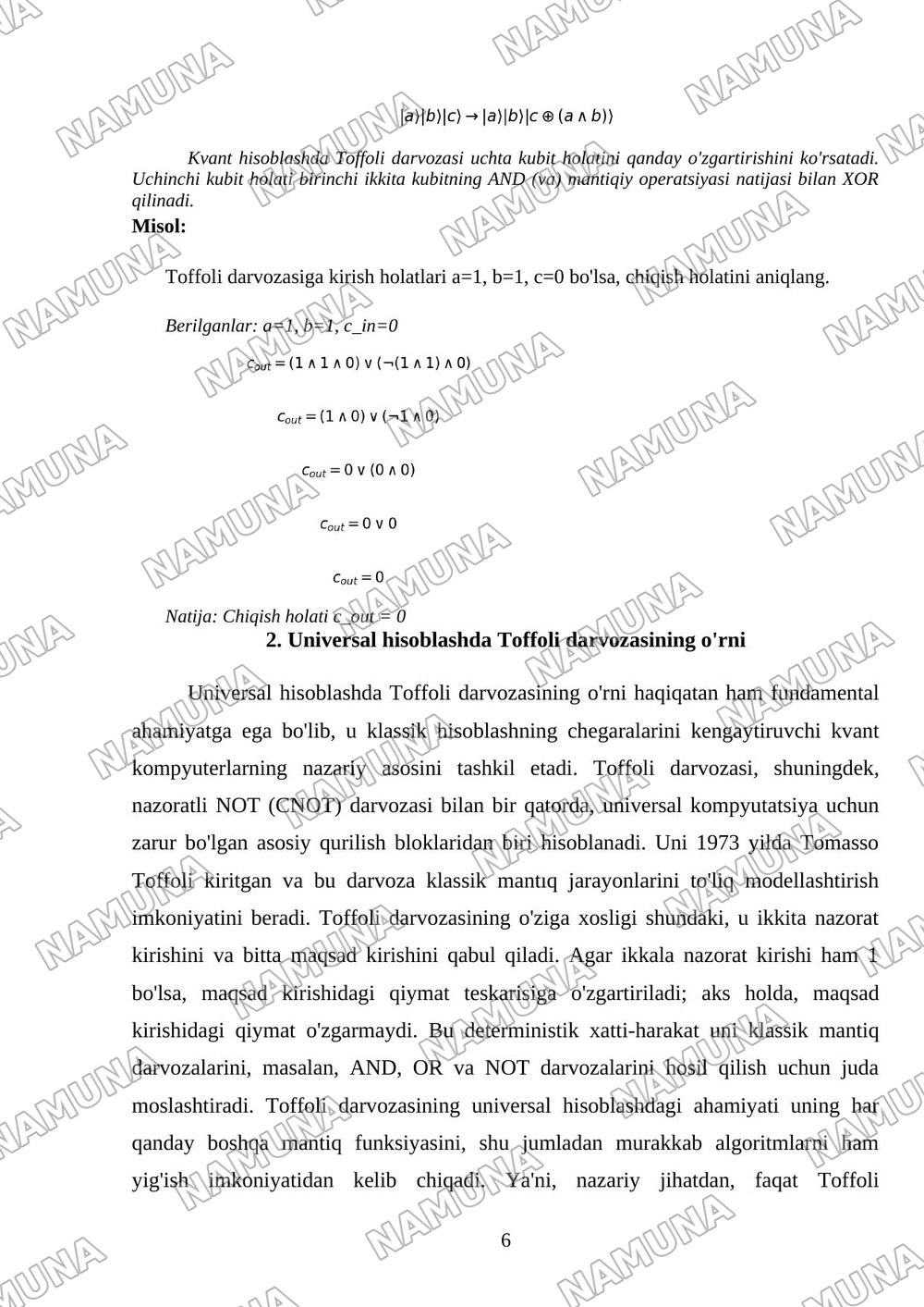 Toffoli darvozasi va uning universal hisoblashdagi ahamiyati — mustaqil ish, 6-varaq