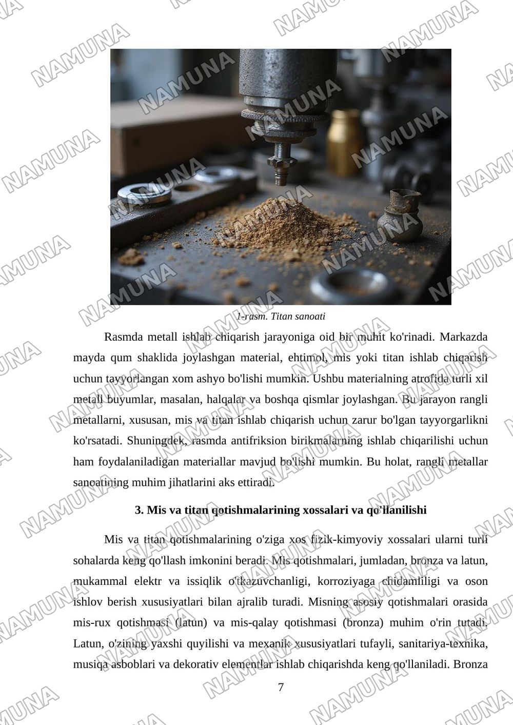 Rangli metallar ishlab chiqarish. Mis, titan ishlab chiqarish jarayonlari. Mis, titan va antifriksion birikmalat — mustaqil ish, 7-varaq