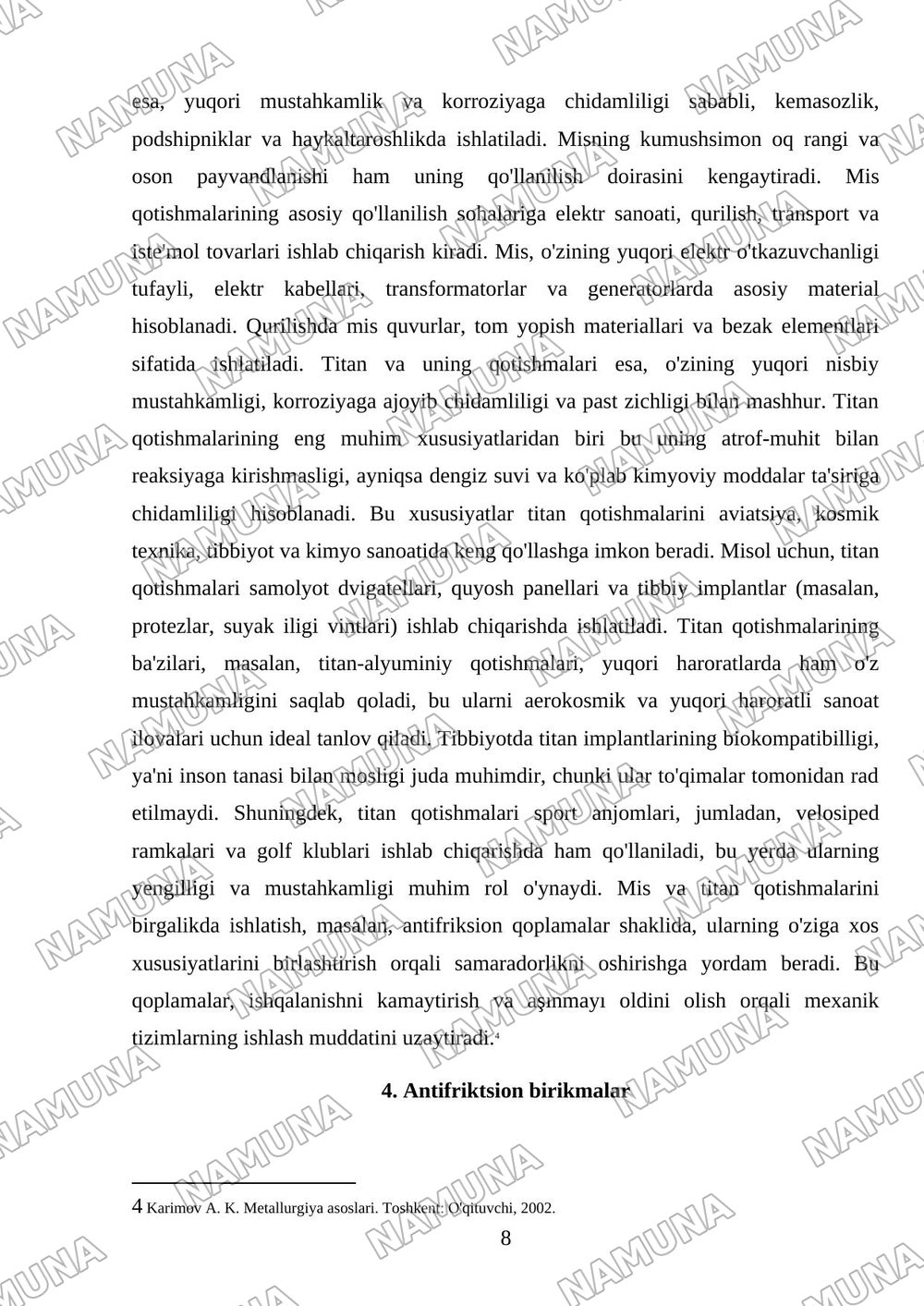 Rangli metallar ishlab chiqarish. Mis, titan ishlab chiqarish jarayonlari. Mis, titan va antifriksion birikmalat — mustaqil ish, 8-varaq