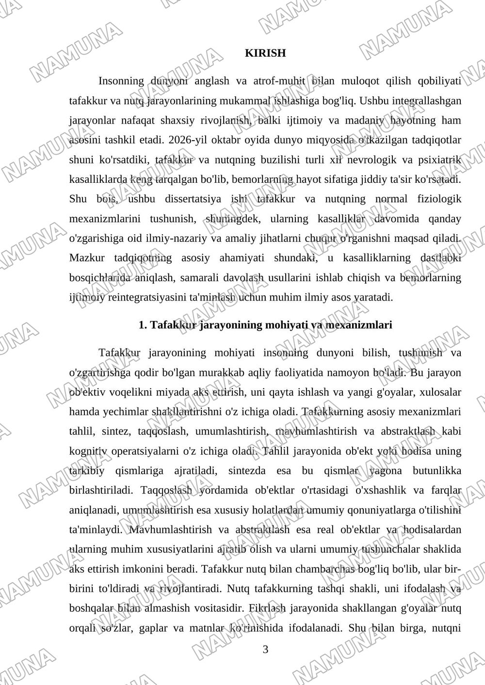 : 'Tafakkur va nutq jarayoni. Tafakkur va nutqning kasalliklarda o'zgarishi'. — referat, 3-varaq