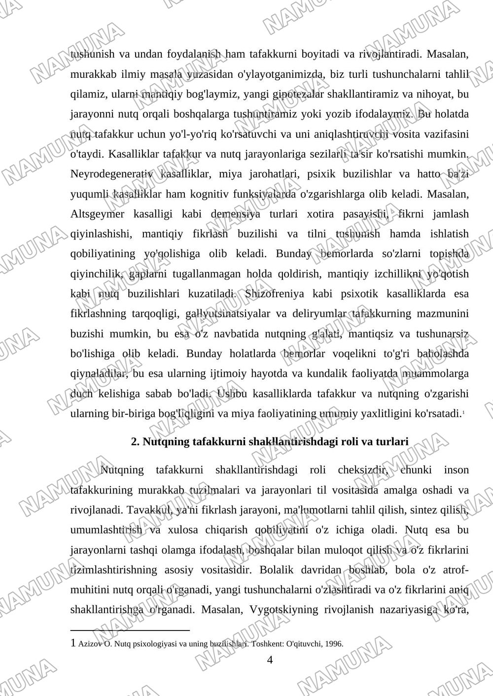 : 'Tafakkur va nutq jarayoni. Tafakkur va nutqning kasalliklarda o'zgarishi'. — referat, 4-varaq