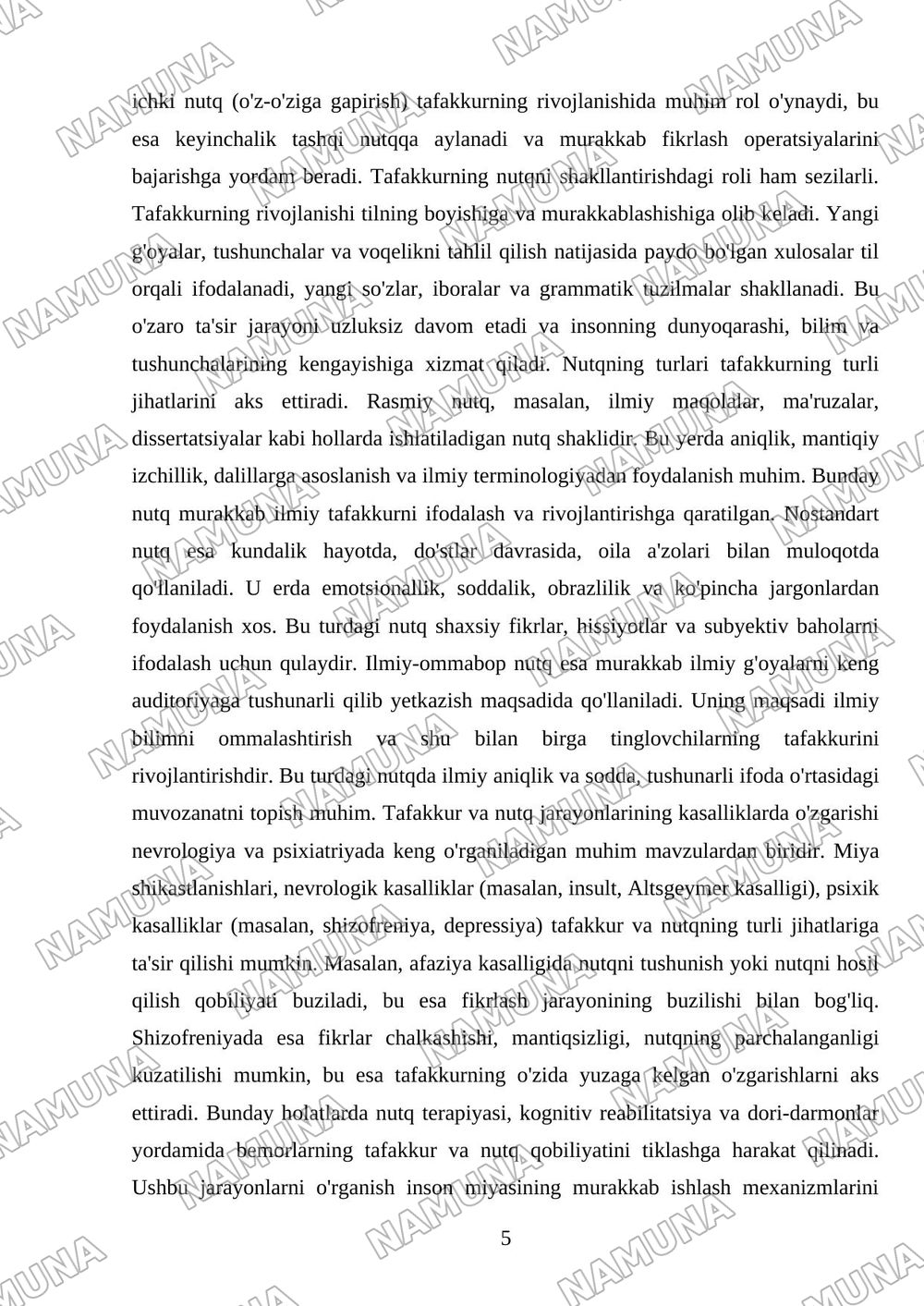 : 'Tafakkur va nutq jarayoni. Tafakkur va nutqning kasalliklarda o'zgarishi'. — referat, 5-varaq