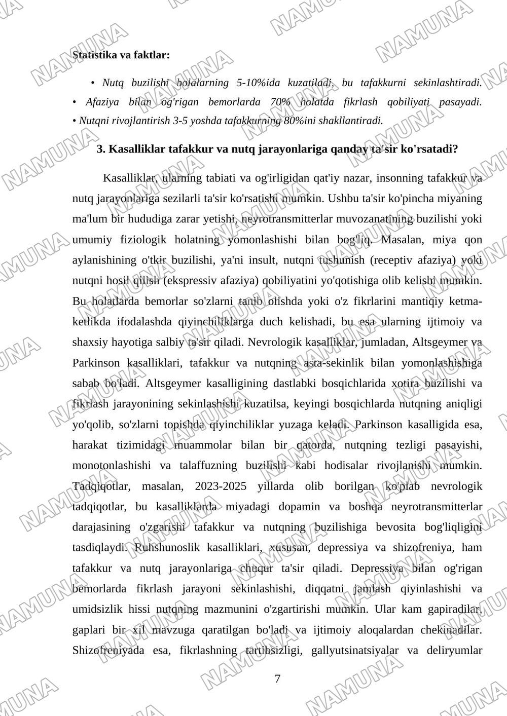 : 'Tafakkur va nutq jarayoni. Tafakkur va nutqning kasalliklarda o'zgarishi'. — referat, 7-varaq