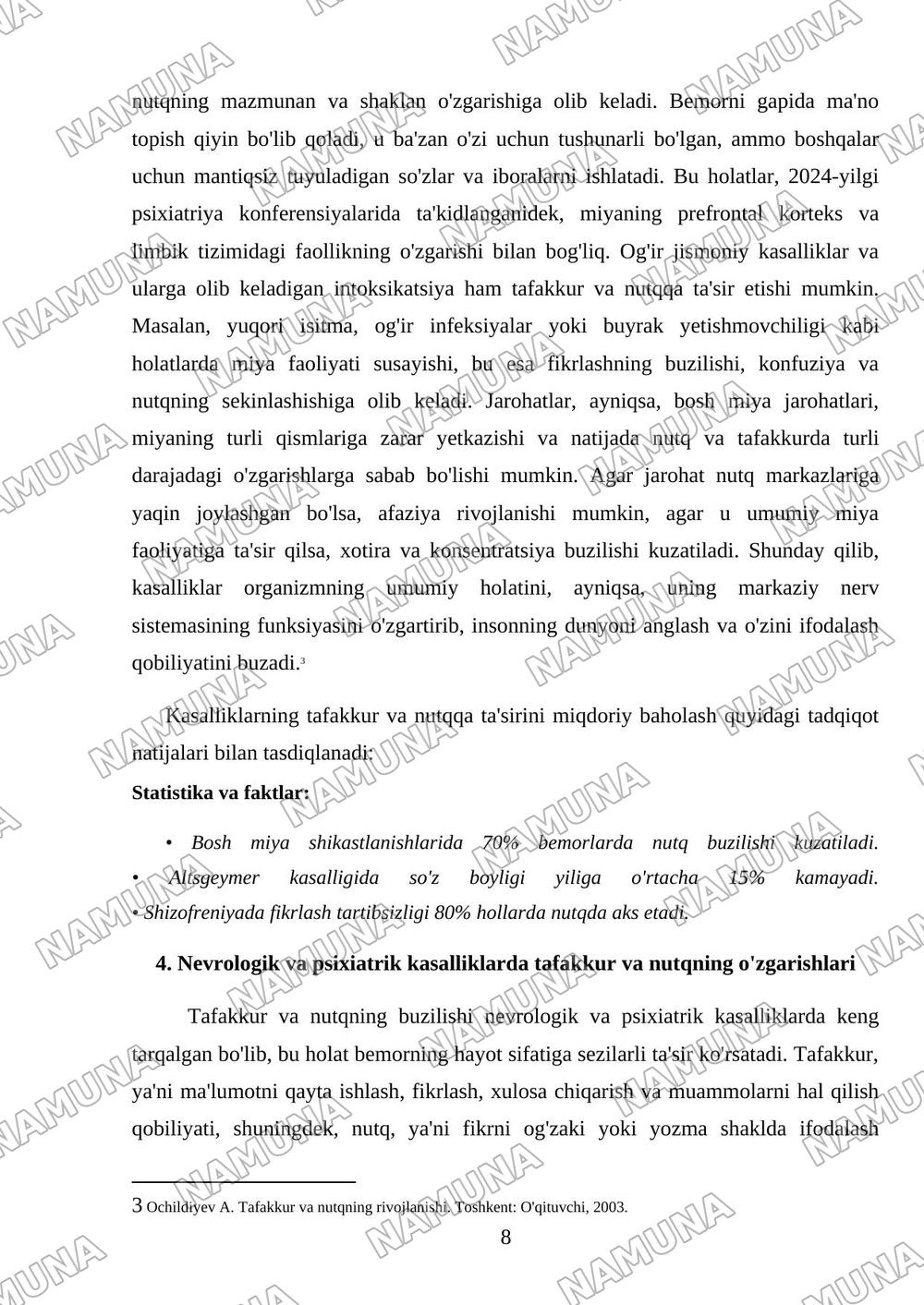 : 'Tafakkur va nutq jarayoni. Tafakkur va nutqning kasalliklarda o'zgarishi'. — referat, 8-varaq