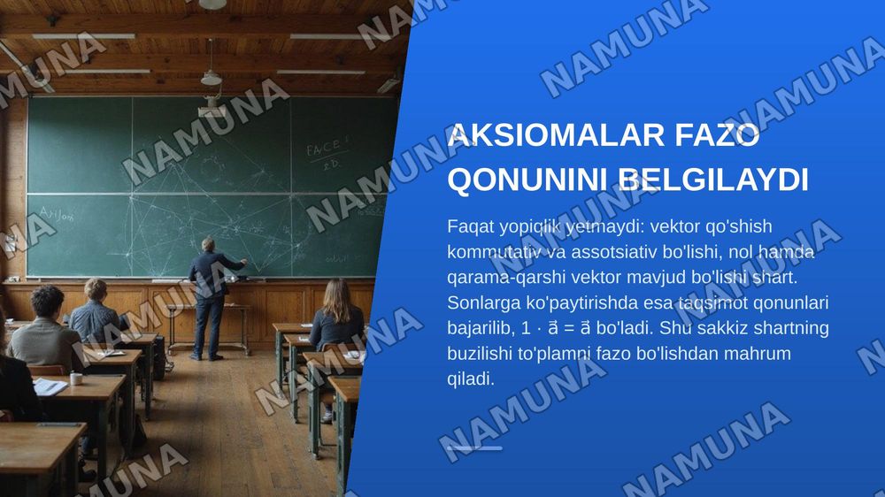 Chiziqli fazo. Chiziqli fazo o‘lchami va bazisini topishga doir misollar yechish. Qism fazolar va uning xossalariga doir misollar yechish. — zamonaviy taqdimot, 4-slayd