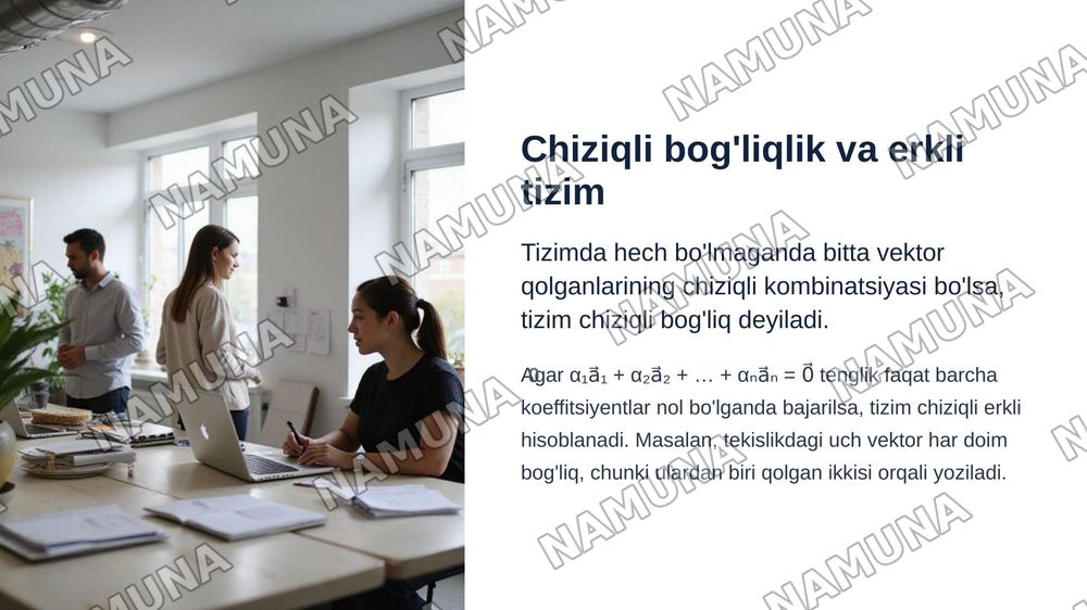 Chiziqli fazo. Chiziqli fazo o‘lchami va bazisini topishga doir misollar yechish. Qism fazolar va uning xossalariga doir misollar yechish. — zamonaviy taqdimot, 5-slayd