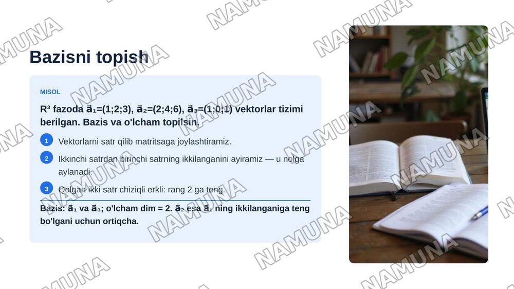 Chiziqli fazo. Chiziqli fazo o‘lchami va bazisini topishga doir misollar yechish. Qism fazolar va uning xossalariga doir misollar yechish. — zamonaviy taqdimot, 8-slayd