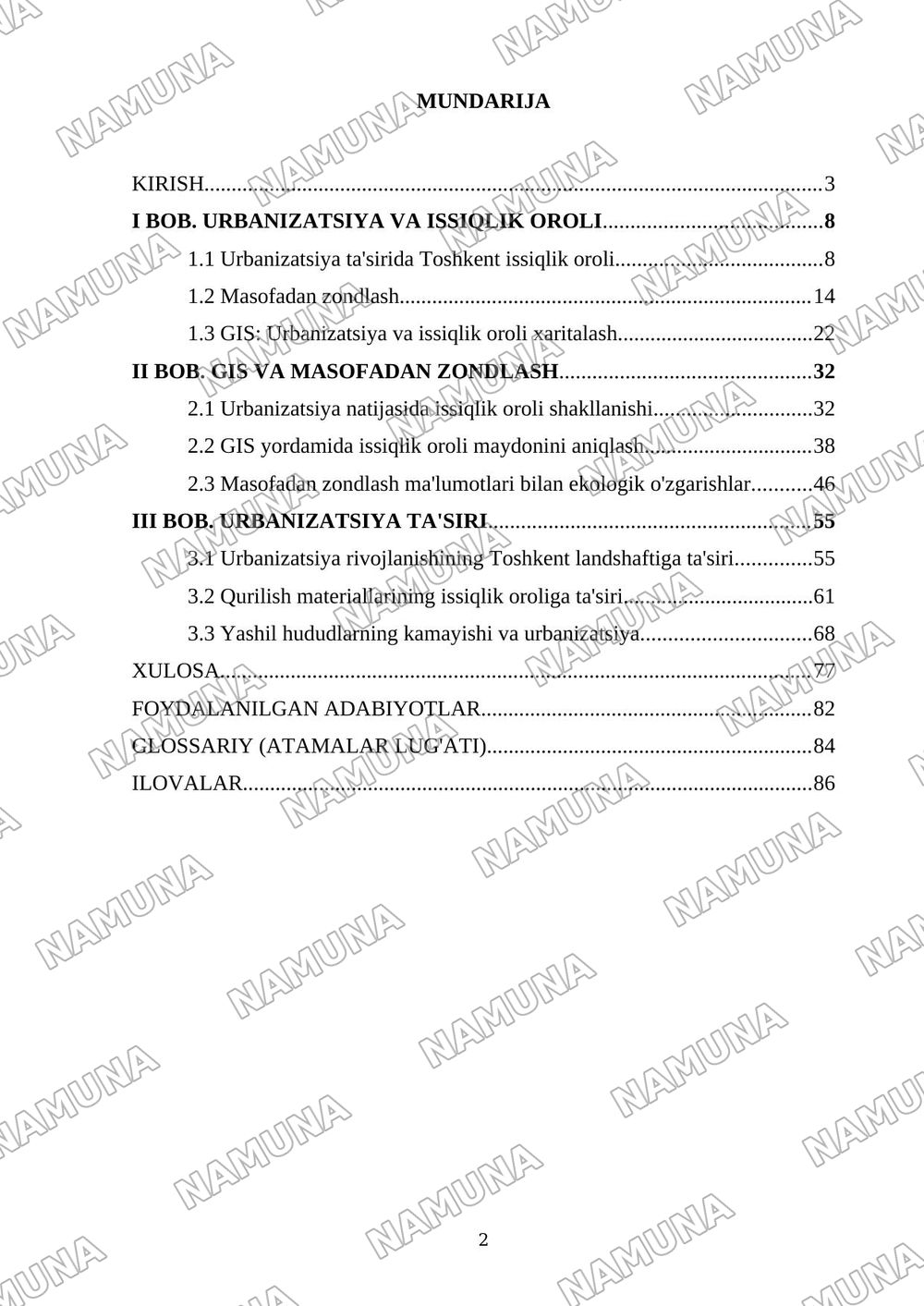 1.Toshkent shahrida urbanization va issiqlik oroli fenomenining ekologik holatga ta'sirini GIS va masofadan zondlas usuli asosida baxolash — dissertatsiya, 2-varaq