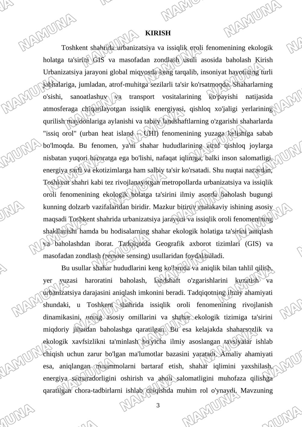 1.Toshkent shahrida urbanization va issiqlik oroli fenomenining ekologik holatga ta'sirini GIS va masofadan zondlas usuli asosida baxolash — dissertatsiya, 3-varaq