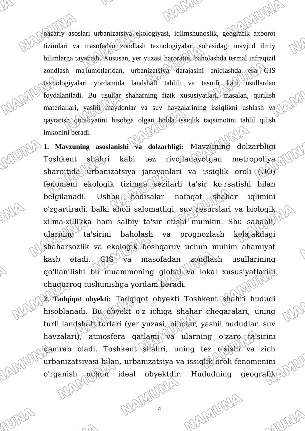 1.Toshkent shahrida urbanization va issiqlik oroli fenomenining ekologik holatga ta'sirini GIS va masofadan zondlas usuli asosida baxolash — dissertatsiya, 4-varaq