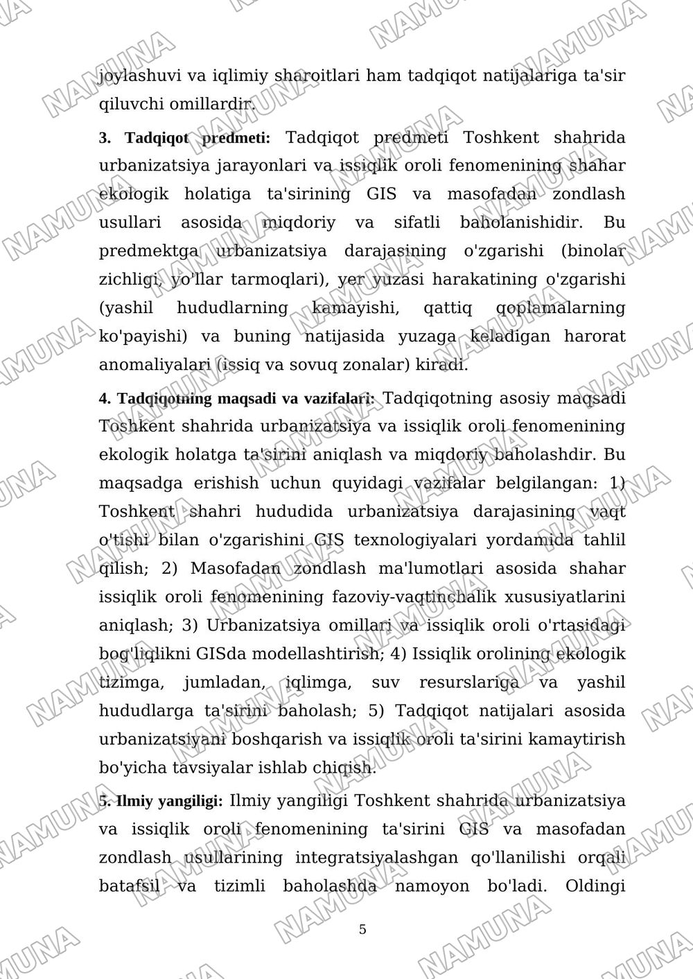 1.Toshkent shahrida urbanization va issiqlik oroli fenomenining ekologik holatga ta'sirini GIS va masofadan zondlas usuli asosida baxolash — dissertatsiya, 5-varaq