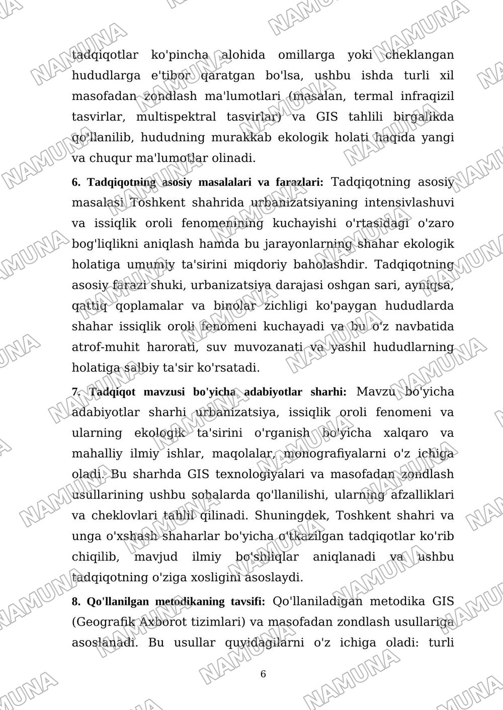 1.Toshkent shahrida urbanization va issiqlik oroli fenomenining ekologik holatga ta'sirini GIS va masofadan zondlas usuli asosida baxolash — dissertatsiya, 6-varaq