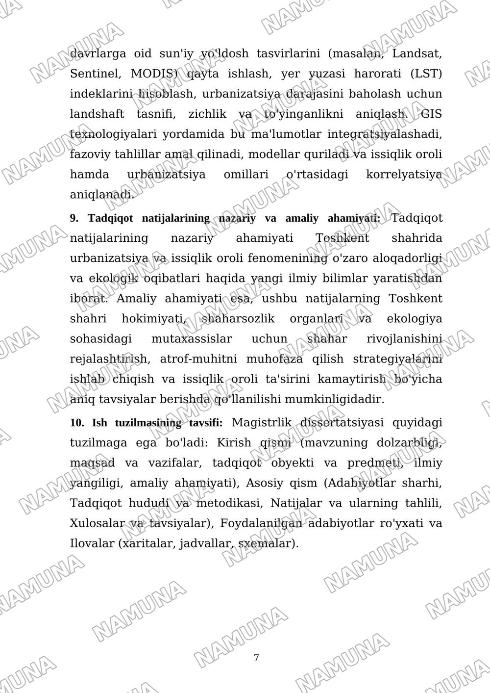 1.Toshkent shahrida urbanization va issiqlik oroli fenomenining ekologik holatga ta'sirini GIS va masofadan zondlas usuli asosida baxolash — dissertatsiya, 7-varaq