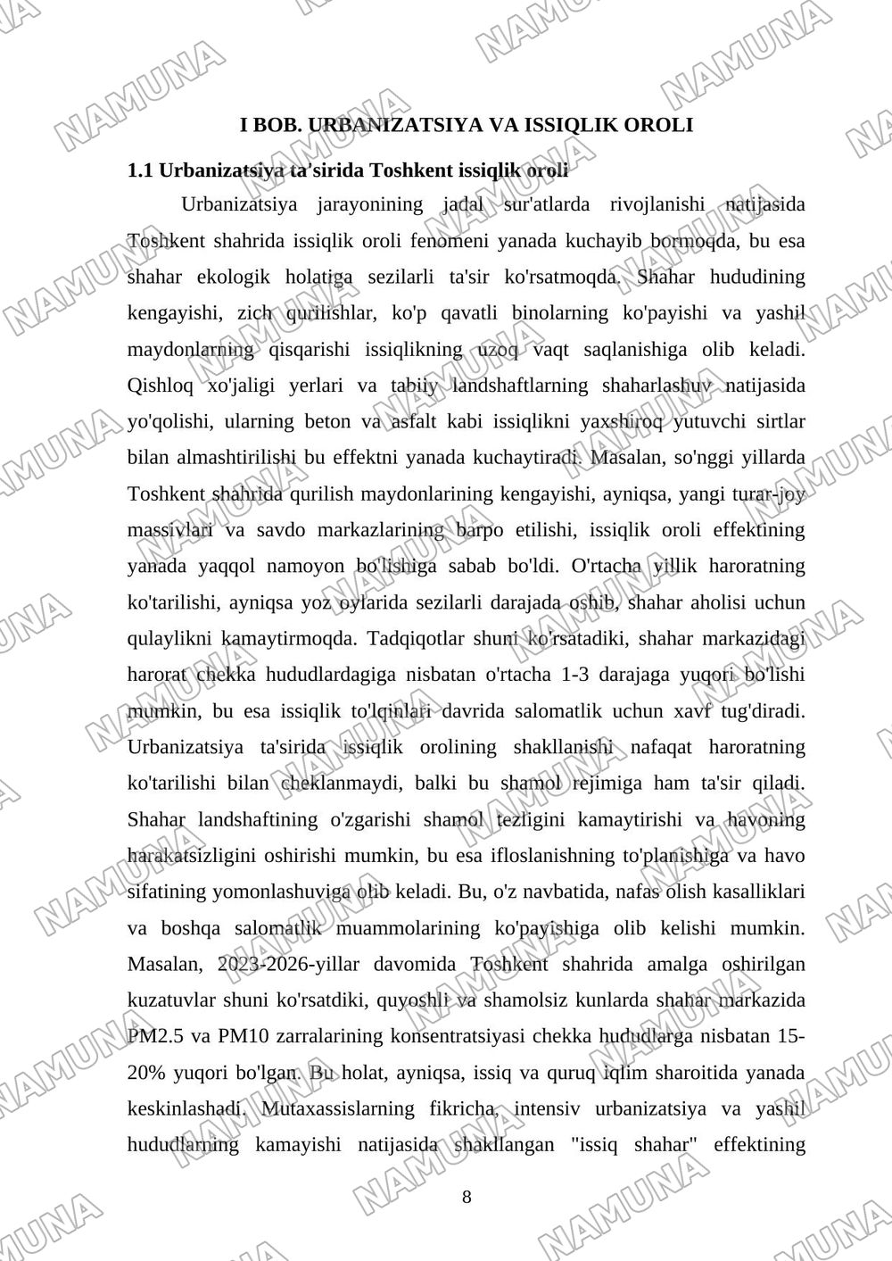 1.Toshkent shahrida urbanization va issiqlik oroli fenomenining ekologik holatga ta'sirini GIS va masofadan zondlas usuli asosida baxolash — dissertatsiya, 8-varaq