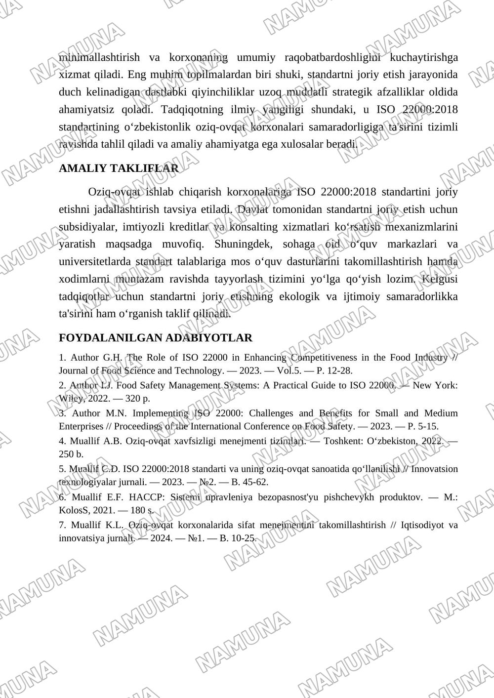 OZIQ-OVQAT ISHLAB CHIQARISH KORXONALARIDA ISO 22000:2018 STANDARTINI JORIY ETISH ORQALI SAMARADORLIKNI OSHIRISH — maqola, 4-varaq