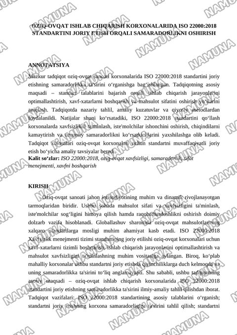 OZIQ-OVQAT ISHLAB CHIQARISH KORXONALARIDA ISO 22000:2018 STANDARTINI JORIY ETISH ORQALI SAMARADORLIKNI OSHIRISH — maqola