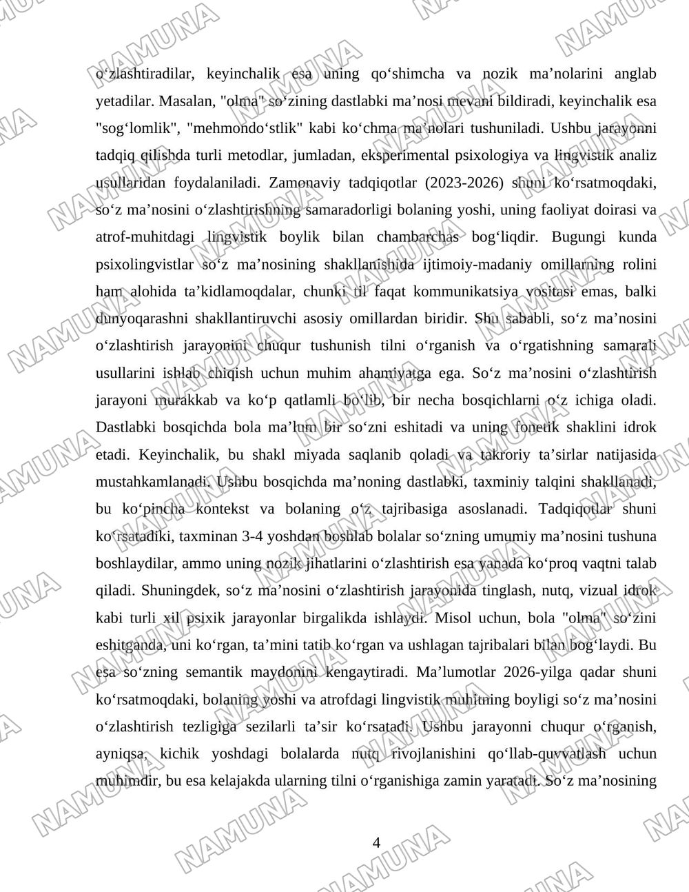 Soz maʼnosini oʻzlashtirishning psixolingvistik asoslari Reja: 1. So‘z ma’nosi va psixolingvistika. 2. So‘z ma’nosini o‘zlashtirish jarayoni. 3. O‘zlashtirishda xotira va tafakkurning roli. 4 — mustaqil ish, 4-varaq