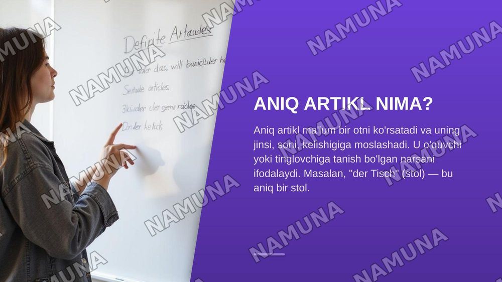 Der Gebrauch des bestimmten Artikels
Tarjimasi: Aniq artiklning ishlatilishi. — zamonaviy taqdimot, 4-slayd