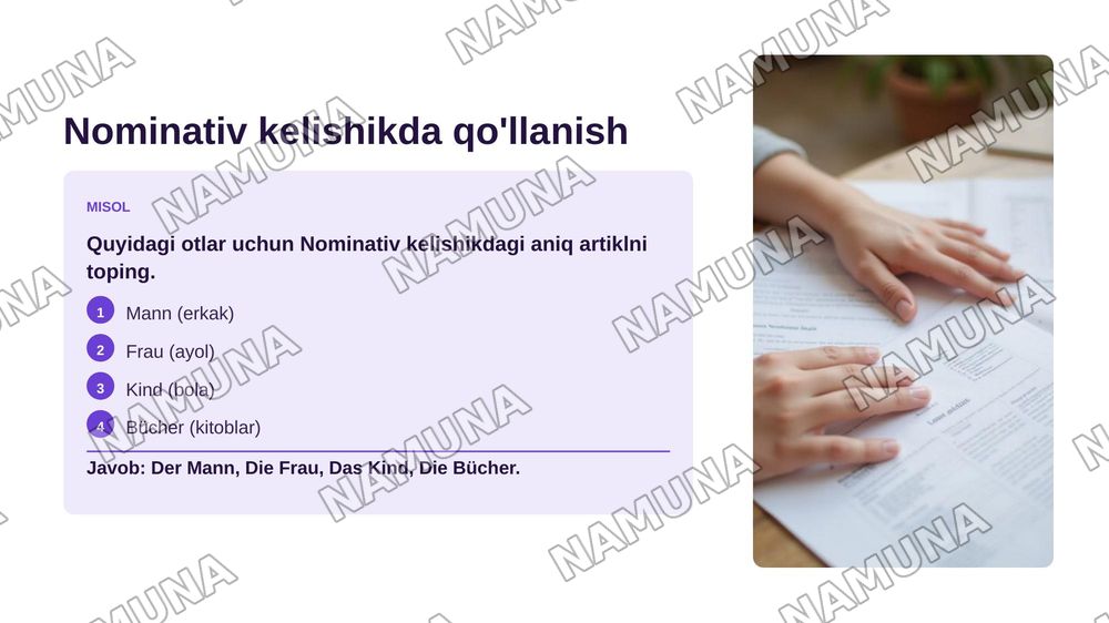 Der Gebrauch des bestimmten Artikels
Tarjimasi: Aniq artiklning ishlatilishi. — zamonaviy taqdimot, 6-slayd