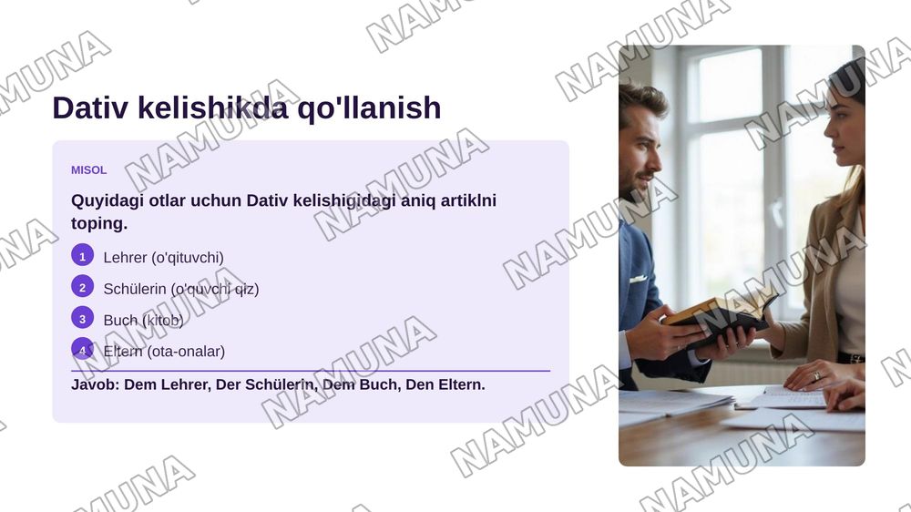 Der Gebrauch des bestimmten Artikels
Tarjimasi: Aniq artiklning ishlatilishi. — zamonaviy taqdimot, 8-slayd