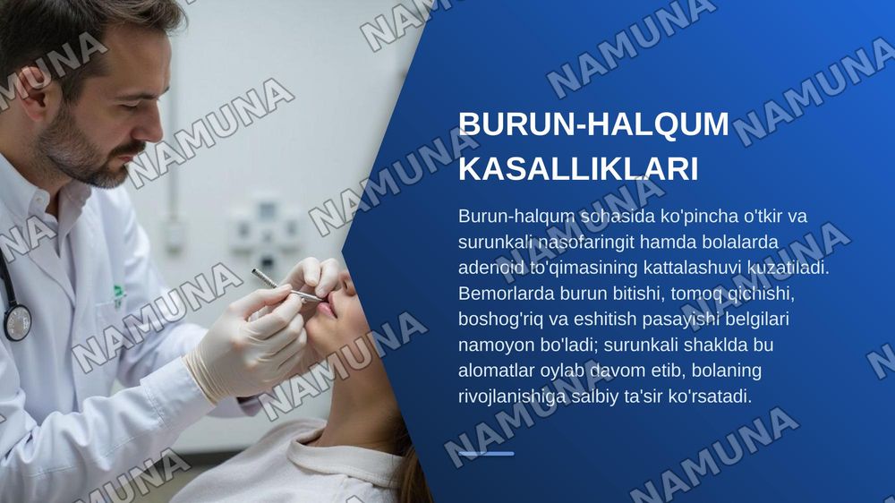 Mavzu:Halqum va hiqildoq kasalliklari bilan og'rigan bemorlarda hamshiralik ishi
O'.B.K:Xalqum tuzilishi va vazifalarini.Burun-halqum kasalliklarini.Og'iz-halqum kasalliklarini.Halqum-xiqildoq kasalliklarini.Hiqildoq jarohatlari va unga yot jismlar tushishiniO'tkir va surunkali laringitlarniSoxta va — zamonaviy taqdimot, 4-slayd