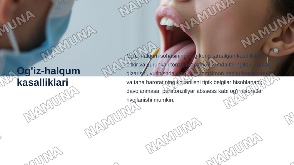 Mavzu:Halqum va hiqildoq kasalliklari bilan og'rigan bemorlarda hamshiralik ishi
O'.B.K:Xalqum tuzilishi va vazifalarini.Burun-halqum kasalliklarini.Og'iz-halqum kasalliklarini.Halqum-xiqildoq kasalliklarini.Hiqildoq jarohatlari va unga yot jismlar tushishiniO'tkir va surunkali laringitlarniSoxta va — zamonaviy taqdimot, 5-slayd