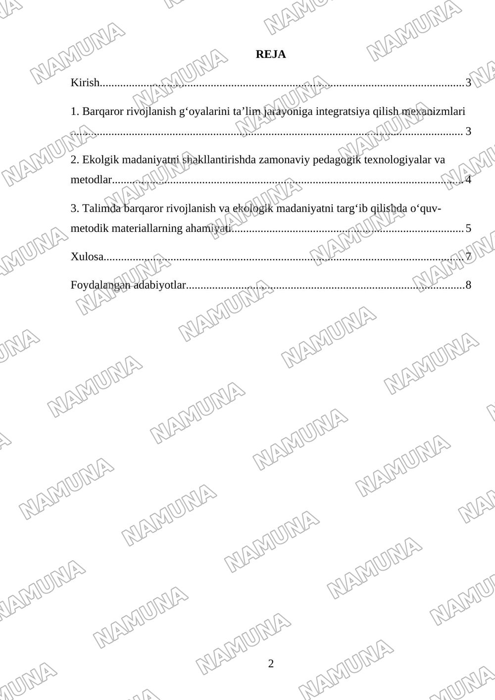 Talimda ekalogik madaniyat va barqaror rivojlanish g‘oyalarini shakllantirish — mustaqil ish, 2-varaq